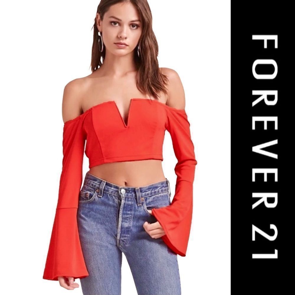Forever 21 Off-The-Shoulder Bell Sleeve Cropped Top